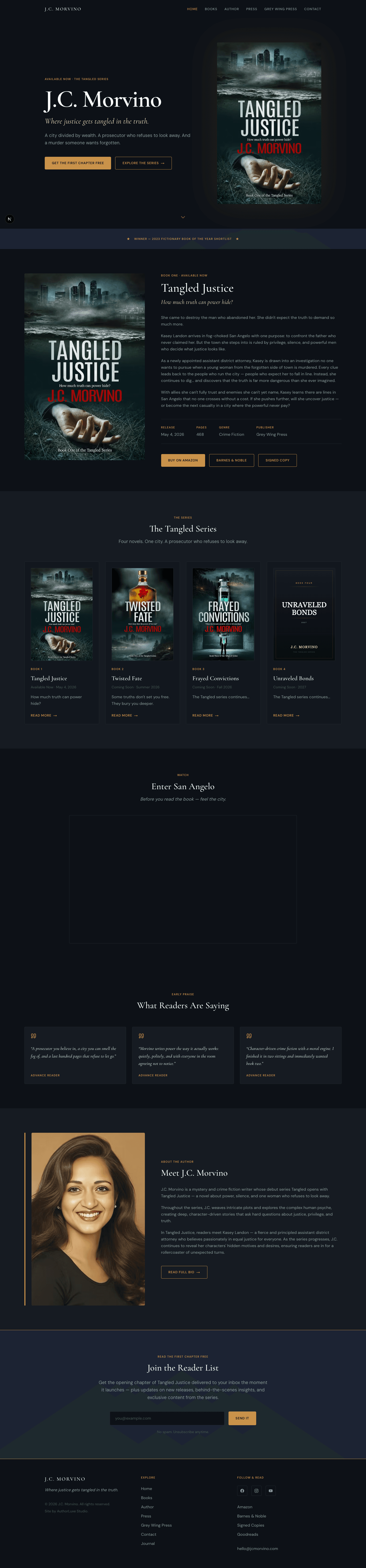 The rebuilt J.C. Morvino homepage — cinematic dark hero, series showcase, trailer and reader list