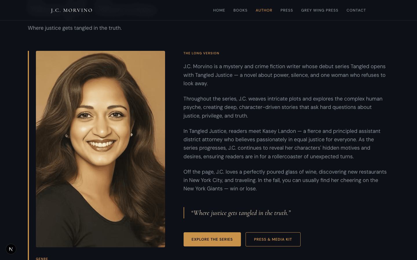 The author page — editorial photo treatment beside the full bio