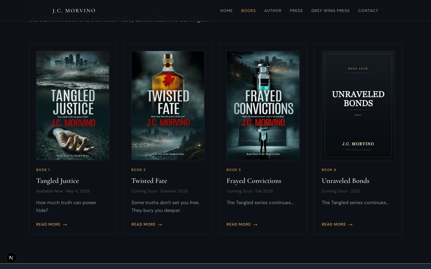 The Tangled series page — four book cards in a responsive grid